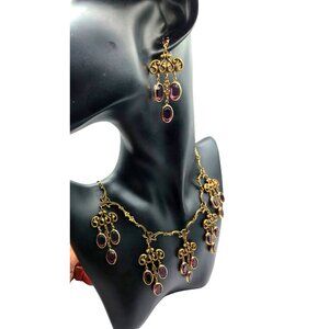 Sadie Green signed Victorian Revival Necklace Earrings Set Amethyst Glass Drops